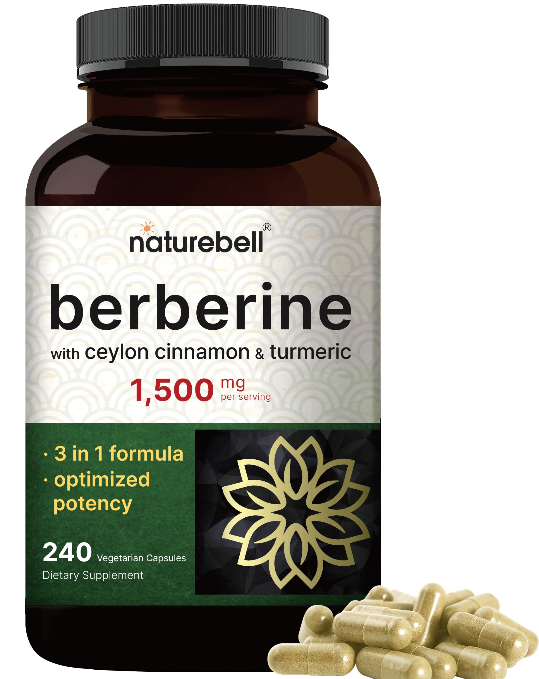 Berberine Supplement 1500mg with 1000mg Ceylon Cinnamon & 300mg Turmeric, 240 Veggie Capsules | 97% Pure Berberine HCL | Supports Balanced Sugar Levels & Heart Health | Vegan, Non-GMO