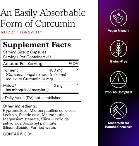 Miniatura 5 de MitoQ Curcumina Advanced CoQ10 Antioxidante – Contiene mesilato de mitoquinol y súper biodisponible Longvida Curcumina Cúrcuma – Apoya la inmunidad,