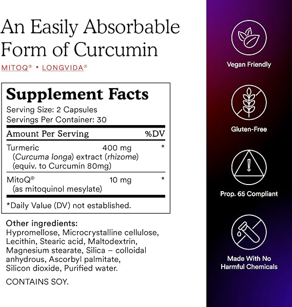 MitoQ Curcumin Longvida Lipidated Formula Mitochondria-targeted Antioxidant | Ultra Bioavailable & Sustained Action Free-Form Curcumin, 60 Capsules