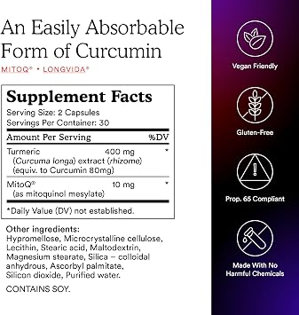 MitoQ Curcumin Longvida Lipidated Formula Mitochondria-targeted Antioxidant | Ultra Bioavailable & Sustained Action Free-Form Curcumin, 60 Capsules