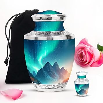 Northern Lights Mini Urns for Human Ashes Men and Women, Burial Urns for Adult Human Ashes Mom and Dad with Black Velvet Bag (Combo Pack of 1)