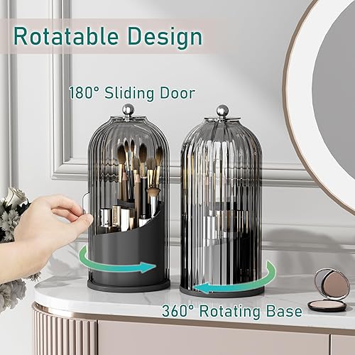 Miniatura 10 de GAXmi Soporte para brochas de maquillaje con tapa, organizador de herramientas cosméticas, giratorio de 360 grados, impermeable, a prueba de polvo,