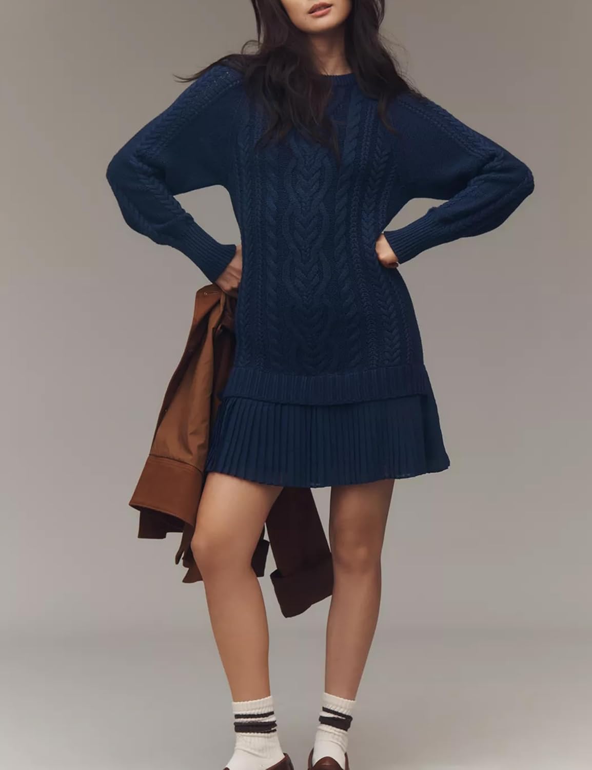 Shiyifa Womens Cable Knit Sweater Dress Crewneck Patchwork Pleated Dresses Twofer Style Long Sleeve Mini Dress 2025 - Image 2