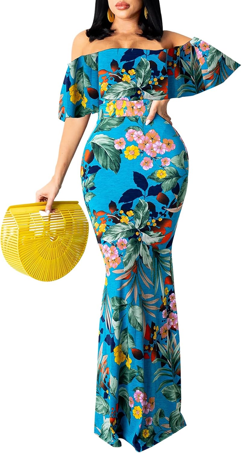 Women's Off Shoulder Maxi Dress Sexy Hawaiian Floral Long Party Dresses