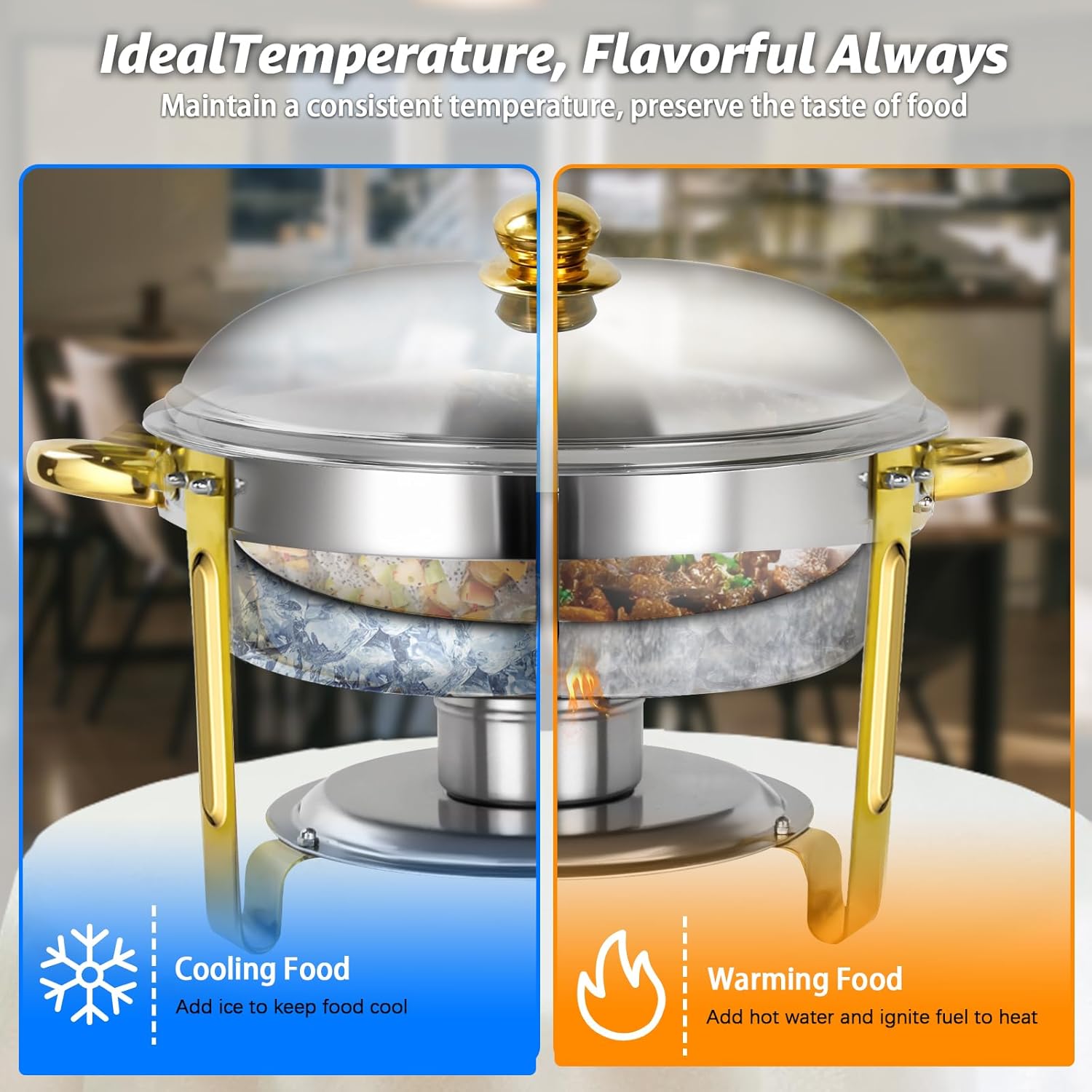 Chafing Dish Full Set, Round 6QT Stainless Steel Catering Chafer, Buffet Food Warmers for Parties Events Weddings, Gold, 4 Pack