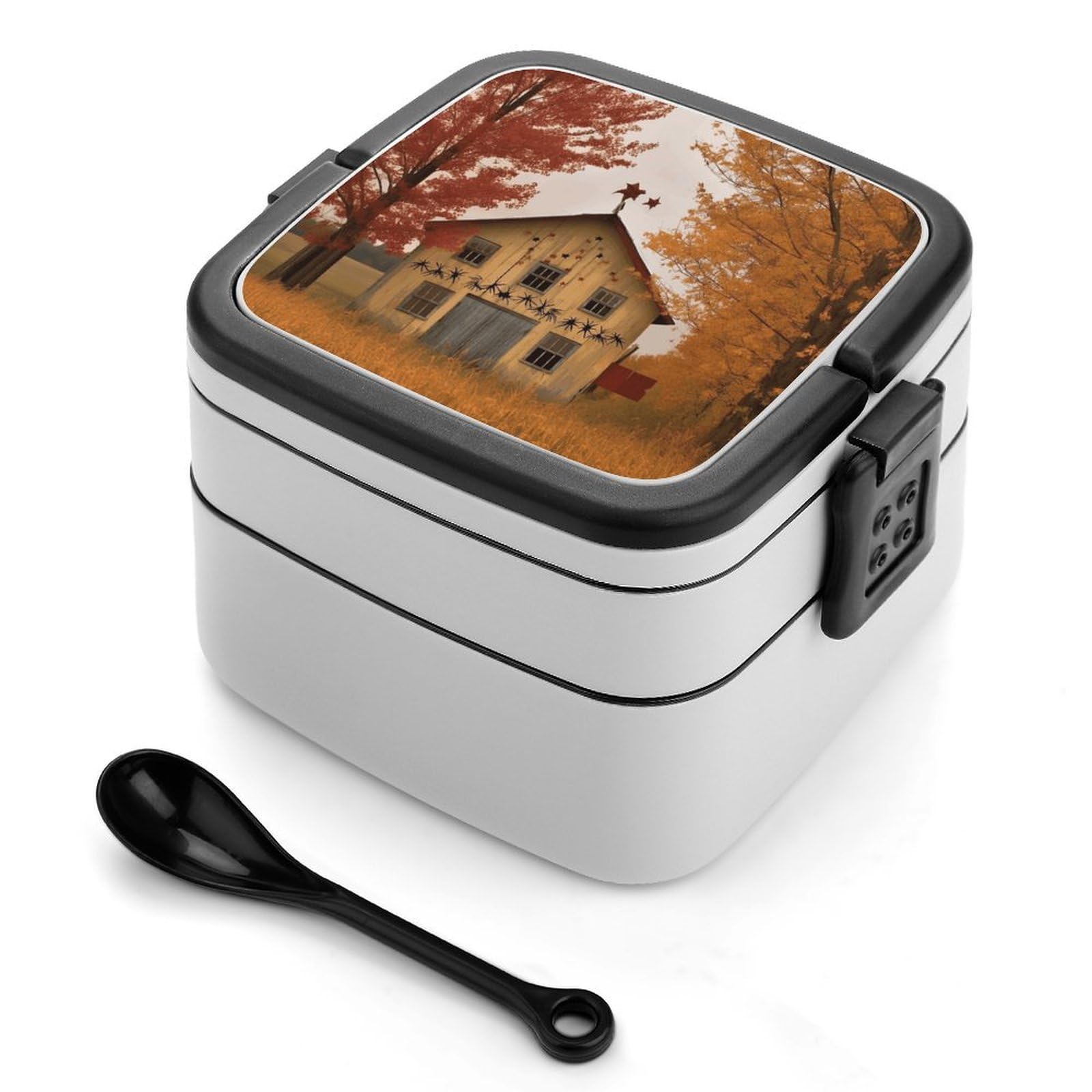 VstaDank Fall Country Barn Bento Box Portable Adult Lunch Box with 2 Layer&Spoon Reusable Insulated Lunchbox Large Food Containers Leak Proof Lunch Containers for Work Camping Meal Prep
