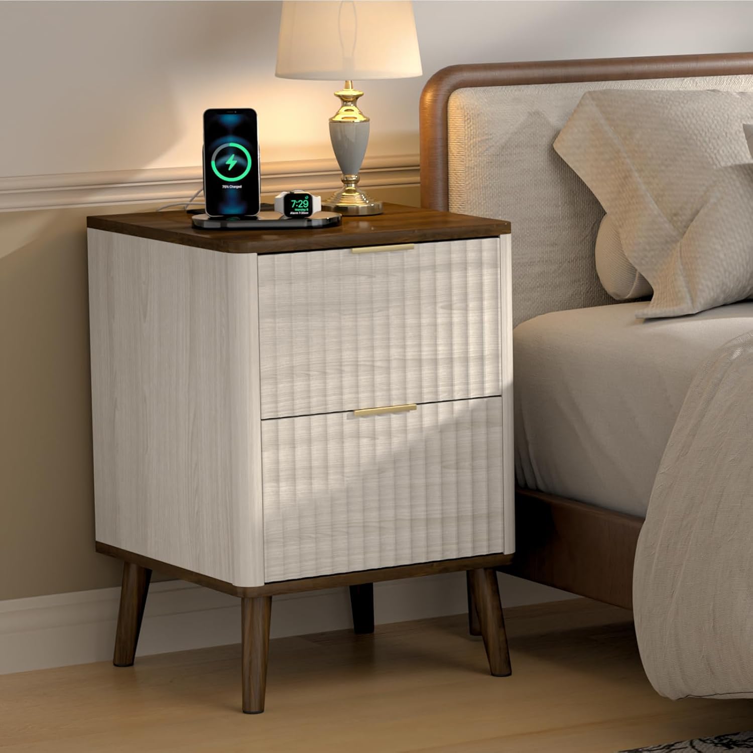 Fluted Nightstand with 2 USB-Ports & Outlets: 18" D x 18" W x 24" H Mid-Century Modern Bedside Table with 2 Drawers & Charging Station, Wood Night Stand for Bedroom, Beige & Walnut