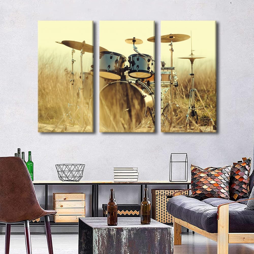 Music Series 3 Panels Jazz Drum Kit Wall Artwork American Rock Band Shelf Drum Set on Park Lawn Canvas Print for Living Room Bedroom Dining Room Wall Decor Stretched and Framed Ready to Hang-28"Wx42"H