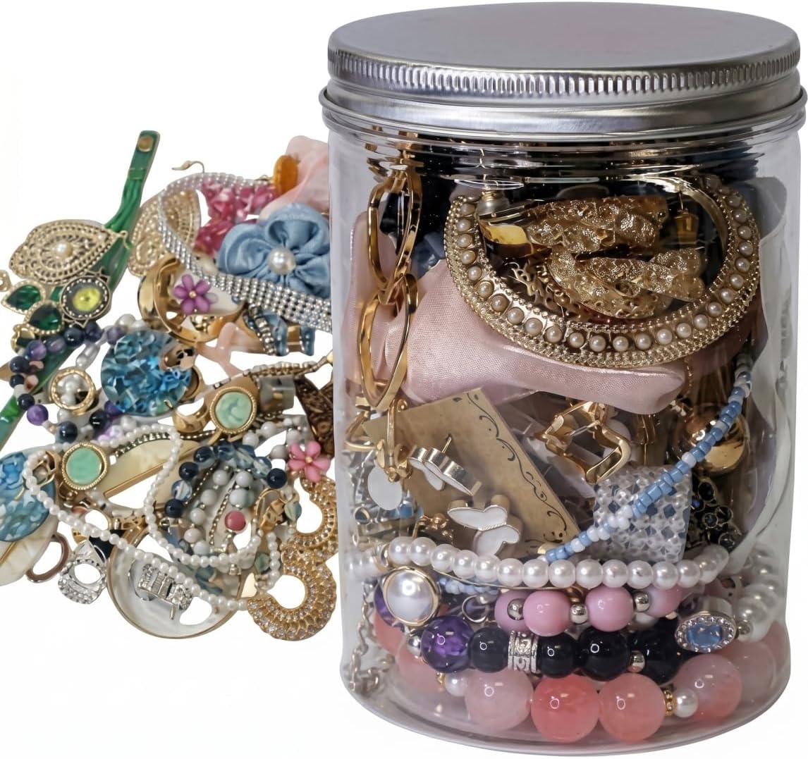 Mystery Jewelry Jar - Vintage Assorted Silver Earrings Necklaces Rings Hair Clips, Transparent Jar with Metal Lid