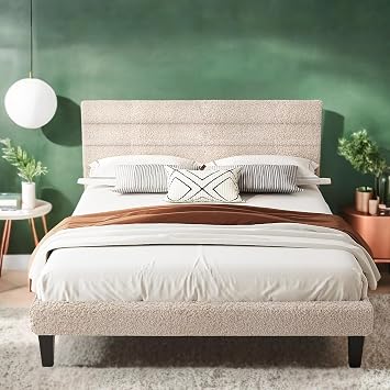 VINGLI Queen Upholstered Bed Frame with Boucle Adjustable Headboard,Cozy Low Profile Platform Bed with Wooden Slats, Cute Fabric Headboard, Mattress Foundation, Cream Style,Noise Free,Beige
