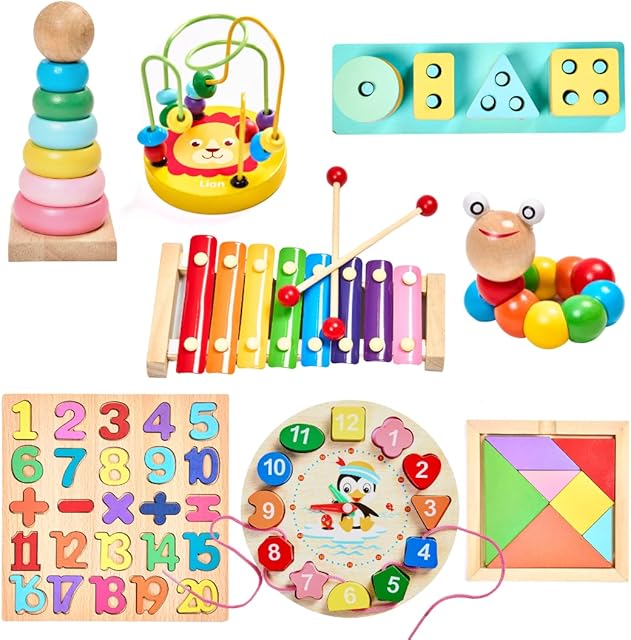 JaKaMeer Wooden Educational Toy Set 8-in-1 for Kids | Number Puzzle, Teaching Clock, Geometric Shapes Sorter and more | Toddler Toys Set | Montessori Toy Gift for Boys, Girls, Age 2 3 Years+