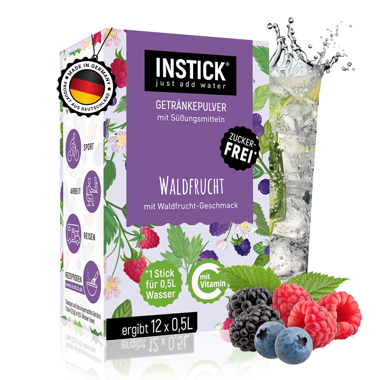 INSTICK Zuckerfreies Instant-Getränk (Waldfrucht) - 1 Packung für 12 x 0,5-1 L - Veganes Getränkepulver Kalorienarm & Vitamin C - Instant-Pulver