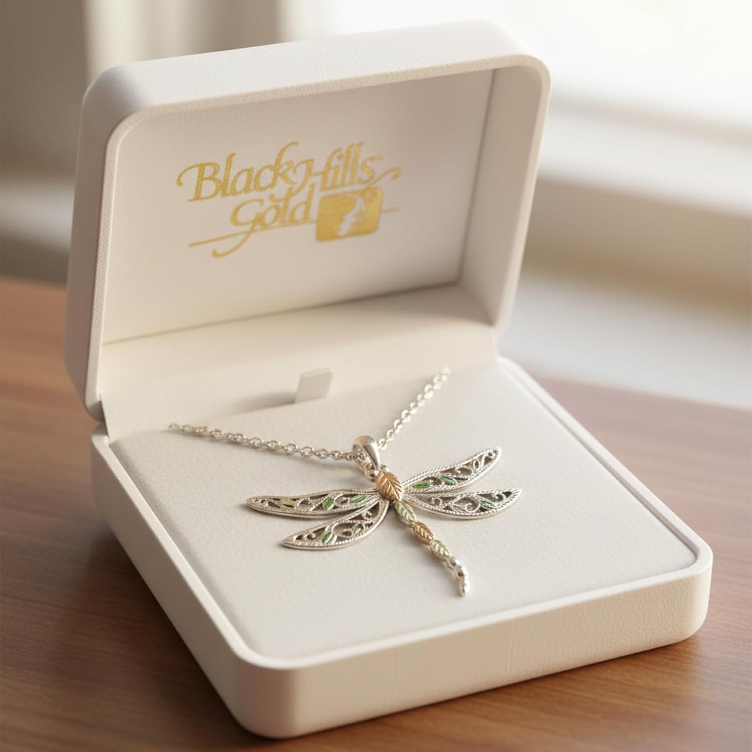 Filigree Dragonfly Pendant Necklace, Sterling Silver, 12k Rose and Green Black Hills Gold 18 Inches