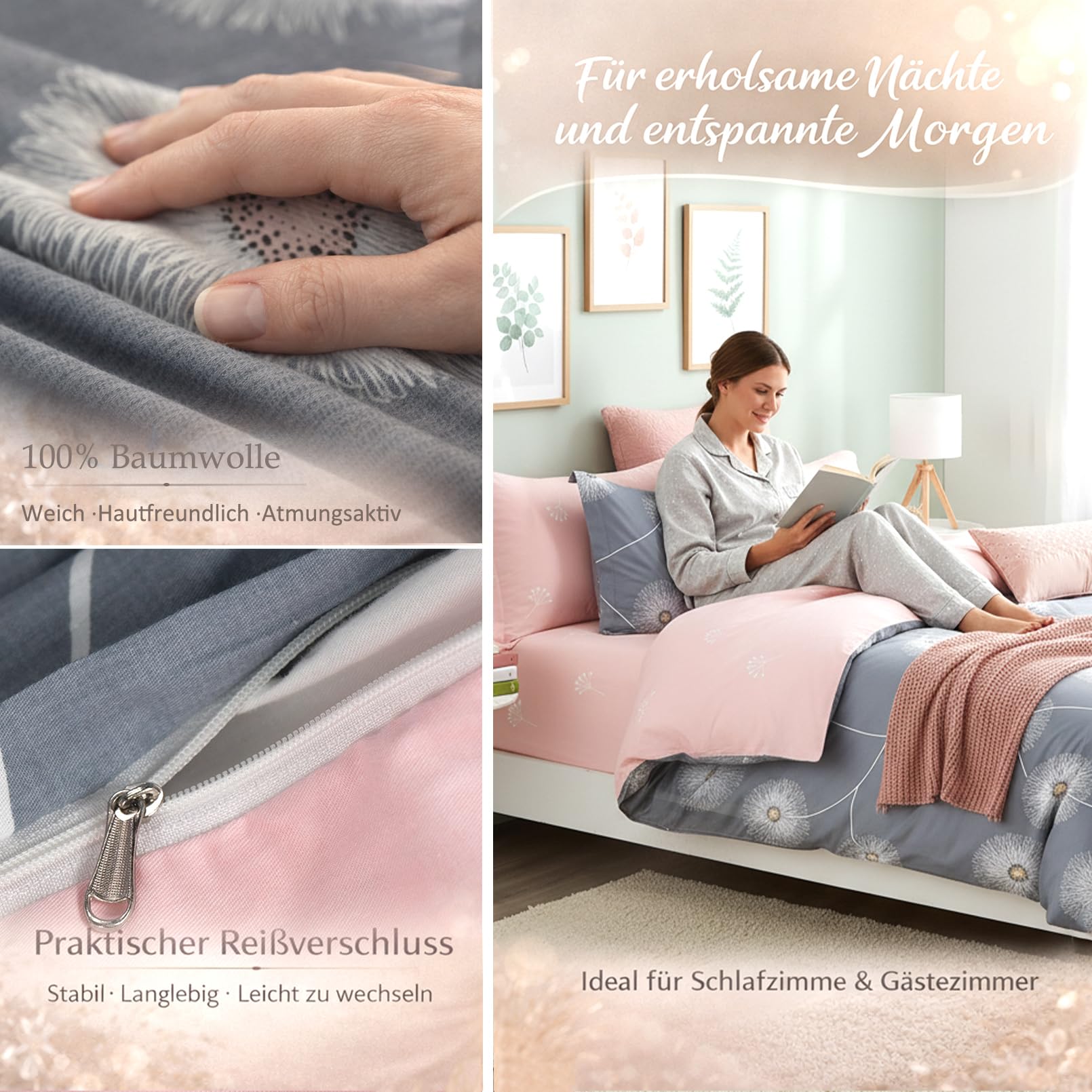 Biancheria da letto 135x200 cm, in cotone, set da 4 pezzi, motivo floreale, reversibile, con chiusura lampo, per ragazze, 135x200 cmx2 + 80x80 cmx2 cm