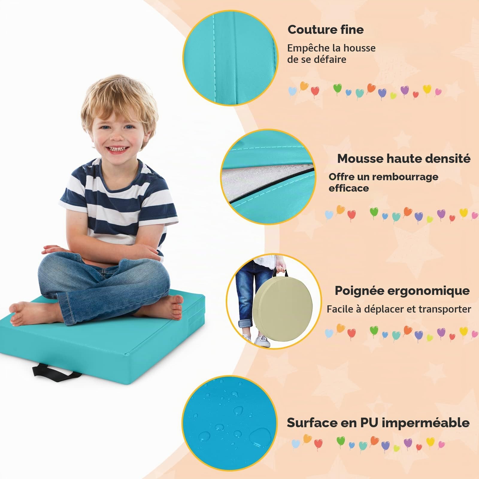 DREAMADE Lot de 6 Coussins de Chaise pour Enfant, Coussins de Sol Multicolores avec Poignées, Convient aux Jardins d'enfants,Terrains de Jeux,Loisirs Intérieurs et Extérieurs, 38X38CM (Carrés Bleu)