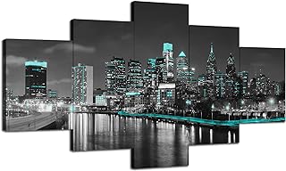 Pennsylvania Skyline Pictures Wall Art Philadelphia City Wall Decor Philly Black and White Poster River Night Scene Painting Canvas Print Frame Home Living Room Bedroom Decoration(60x32 inches)