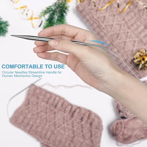 Miniatura 4 de Aeelike Juego de agujas de tejer circulares de acero inoxidable de 47 pulgadas, paquete de 9 agujas de tejer redondas con cable, agujas redondas de