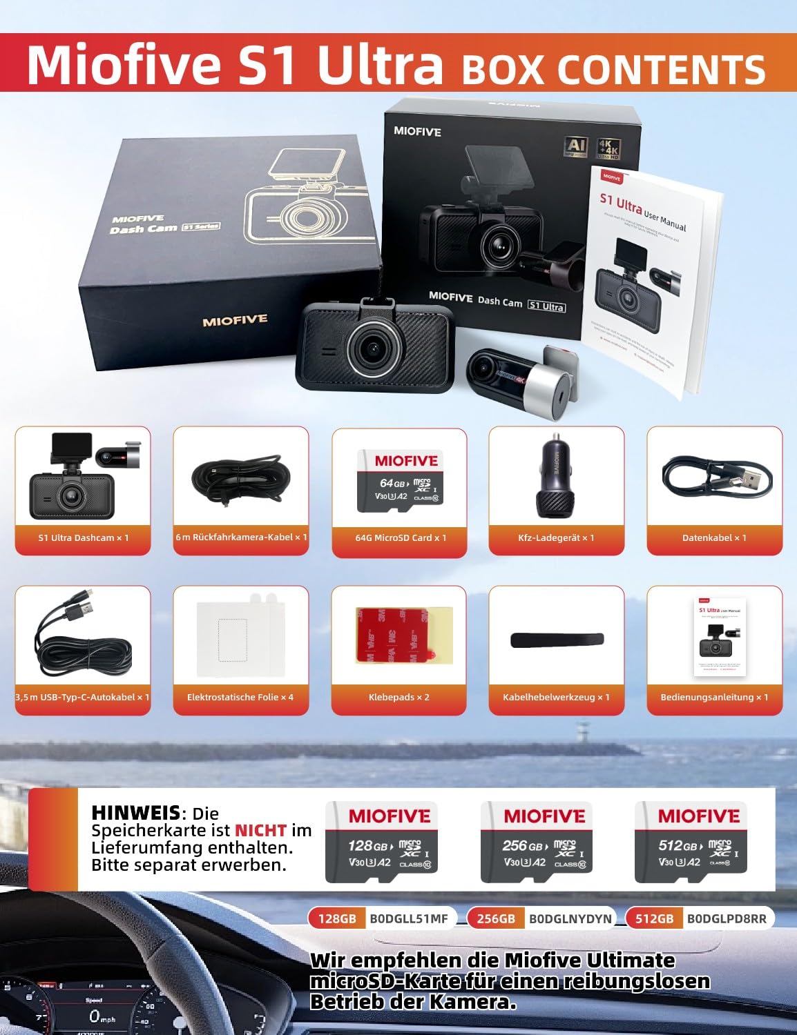 Miofive 4K/4K Dashcam Auto Vorne Hinten, GPS, 5.8GHz Wi-Fi, Dual Auto Kamera mit Nachtsicht, kostenlose 64-GB-Karte, 3-Zoll-IPS-Display,Loop-Aufnahme, HDR, APP Steuerung, Support 512GB Max