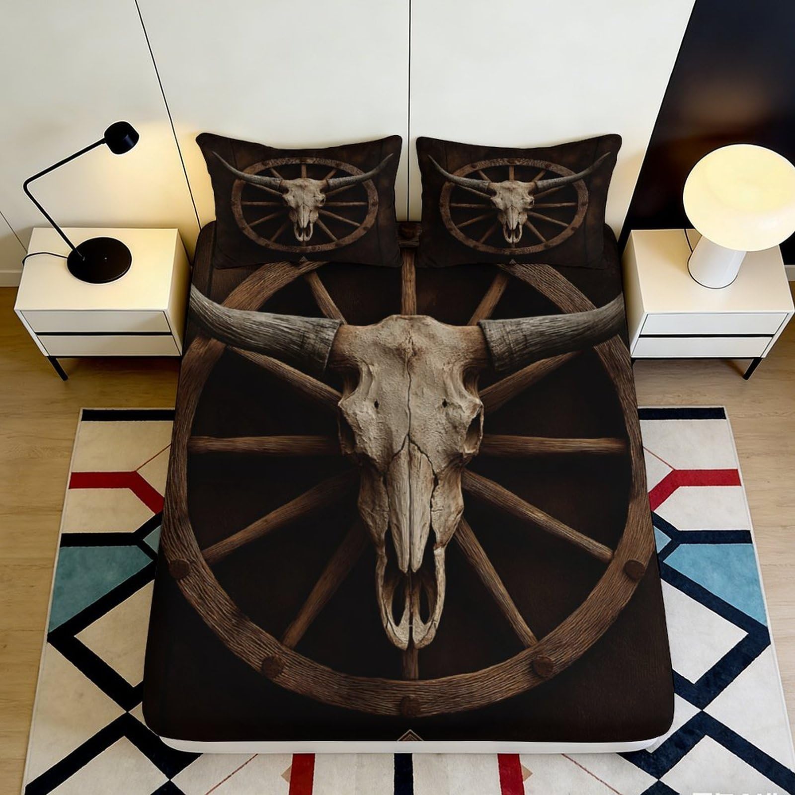 Jqzkxnhpbr Style-9 3D Printed Bull Skull Fitted Sheet Microfiber Soft Breathable Western Wheel Bed Cover For Bedroom Dorm Decor 90X200x25cm