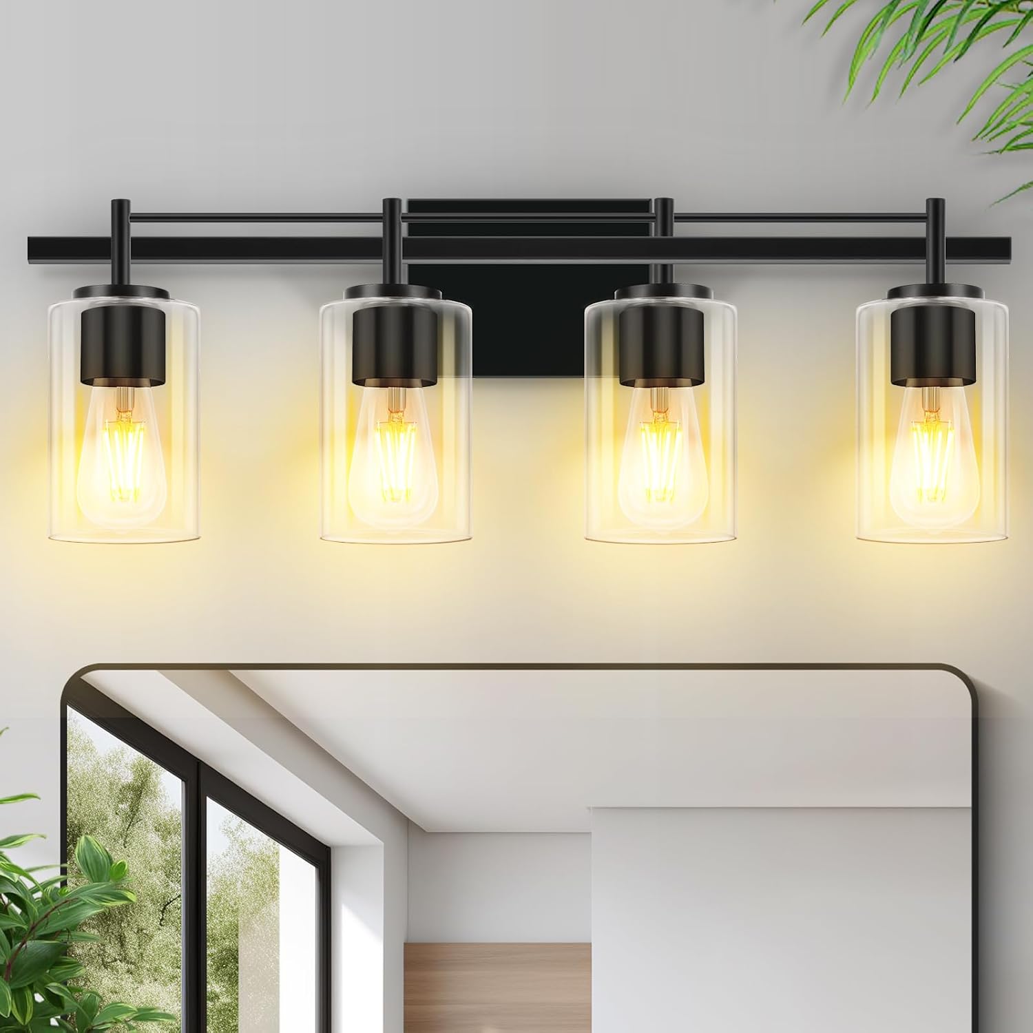 Bathroom Vanity Light, 4-Lights Bath Vintage Wall Mounted Lamp with Clear Glass Shade Modern Matte Wall Sconce Lighting Black Bathroom Light, for Mirror Bedroom Hallway Black 4-Lights (24 Inch)
