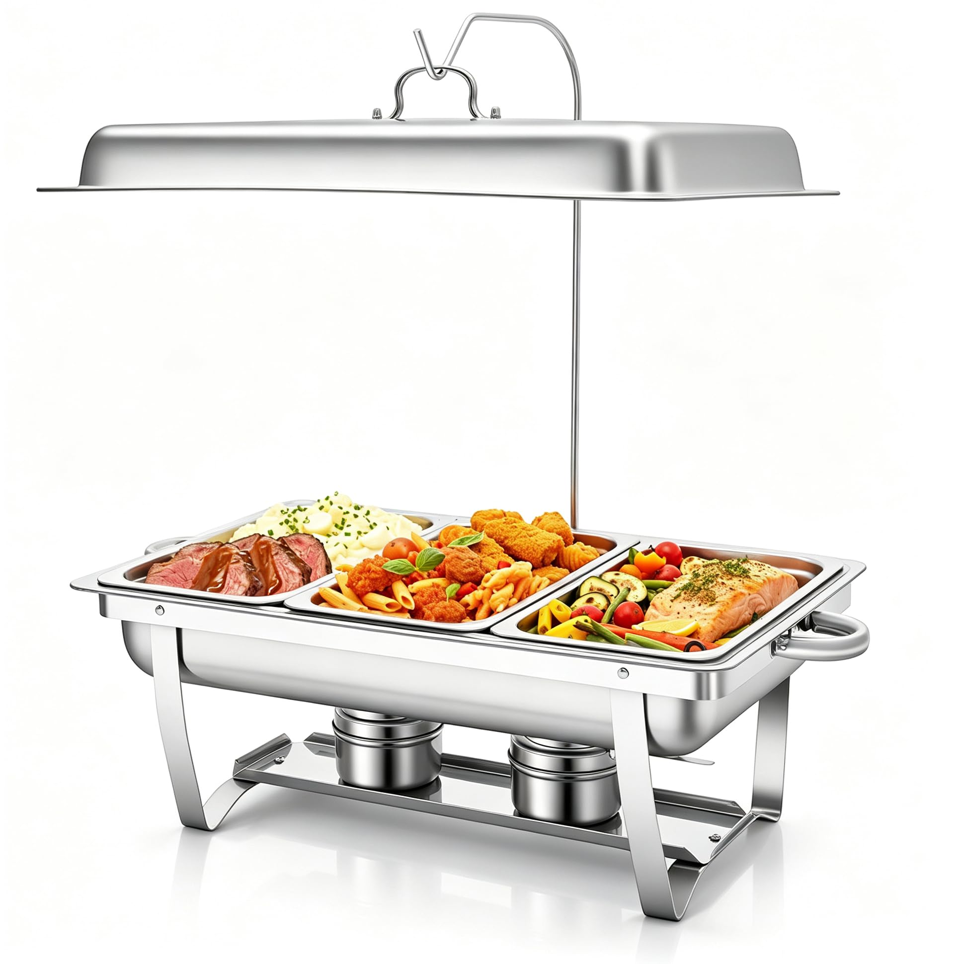 Serbatoio a 3 griglie in acciaio inox, 9 l, scalda buffet, per pasti, chafing dish, in acciaio inox, con coperchio per buffet, feste di famiglia, banchetti