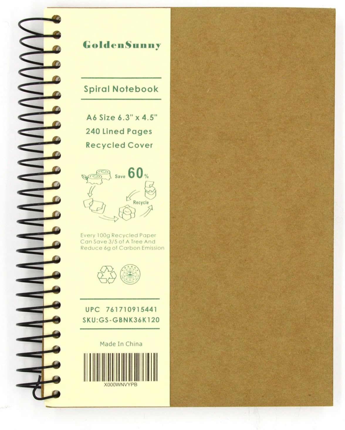 Small Spiral Notebook, 240 Lined Pages, A6 Size Wide Ruled Paper, Recycled Hard Cover - GoldenSunny