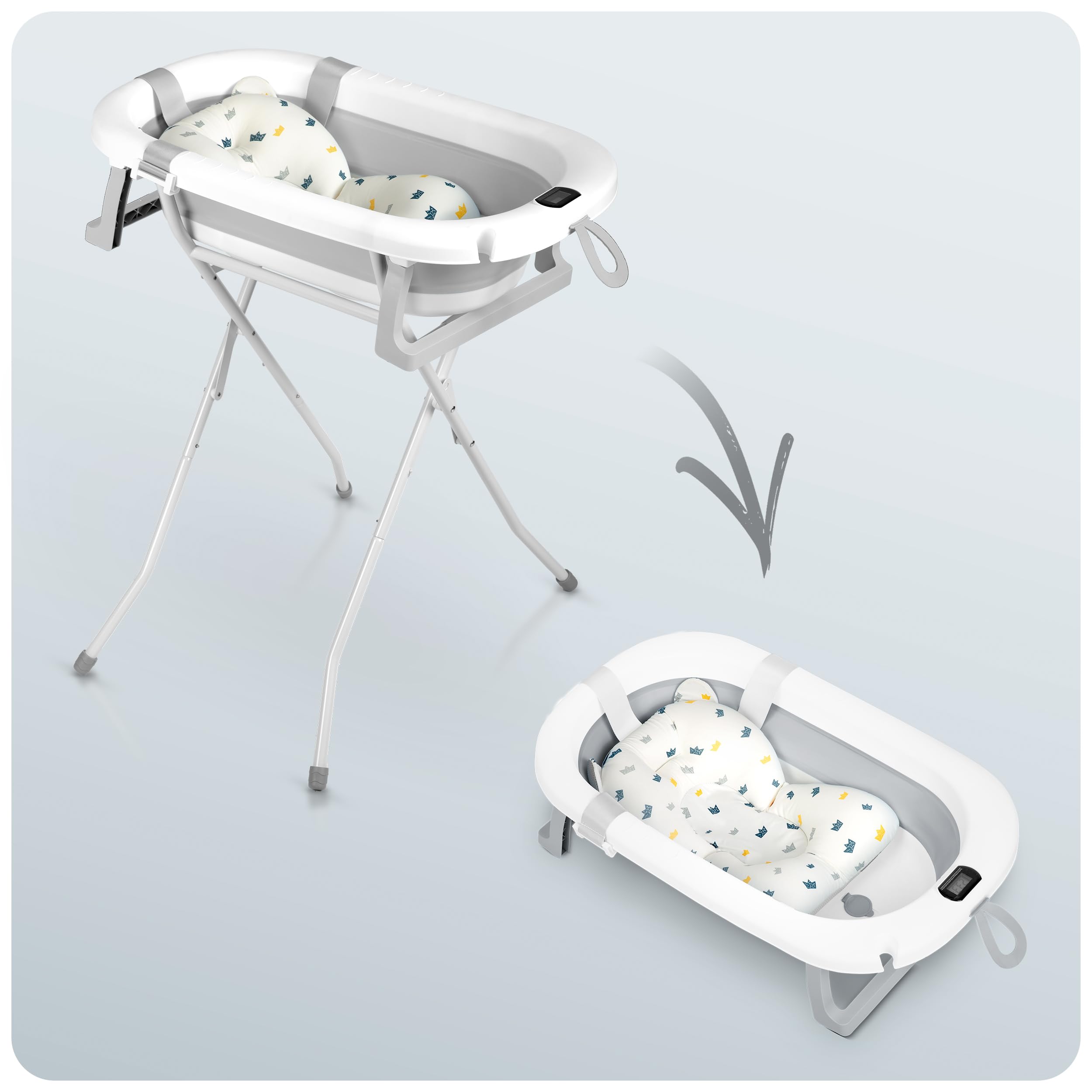 Ricokids Vasca da bagno per bambini con struttura termometro e cuscino da bagno, pieghevole, leggera, antiscivolo, colore: bianco e grigio