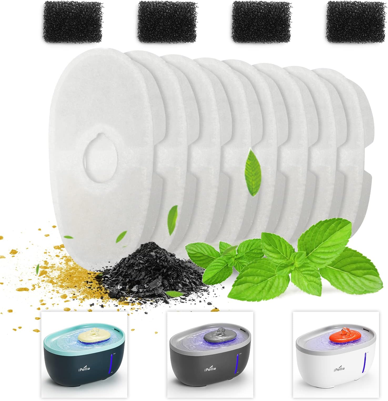 iPettie Water Fountain Filters - 8PCS Carbon and 4PCS Foam Filters for Avocado Fountain, IP-AD21-F8