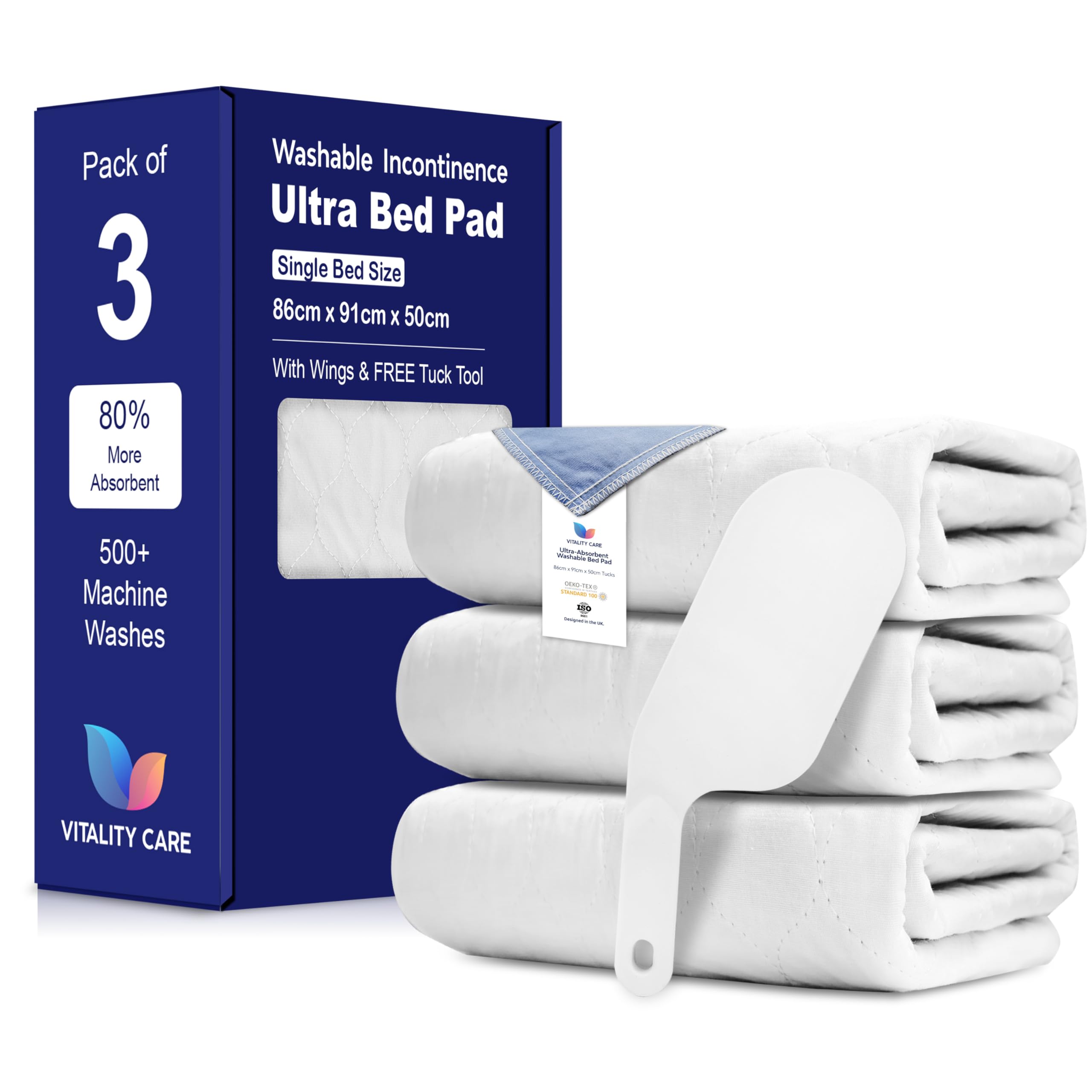 Vitality Care White Washable Bed Protector With Tuck-In Flaps, Single Bed 86X91cm, Fast Drying Fabric, 500+ Washes, Incontinence Care