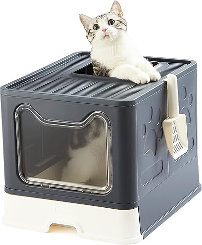 Vealind Caja de arena plegable para gatos con tapa, entrada frontal y salida superior, XXL, extra grande, cubierta de espacio, cajas de arena para