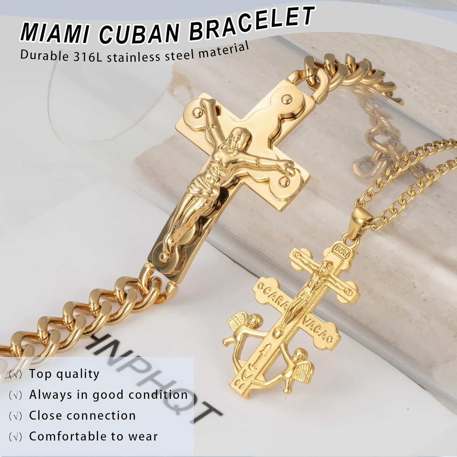 Caravaca Cross Necklace and Bracelet Set for Women Men 18K Gold Plated Cruz de Caravaca Jesus Crucifix Pendant Necklace Religion Jewelry Gift - Image 5