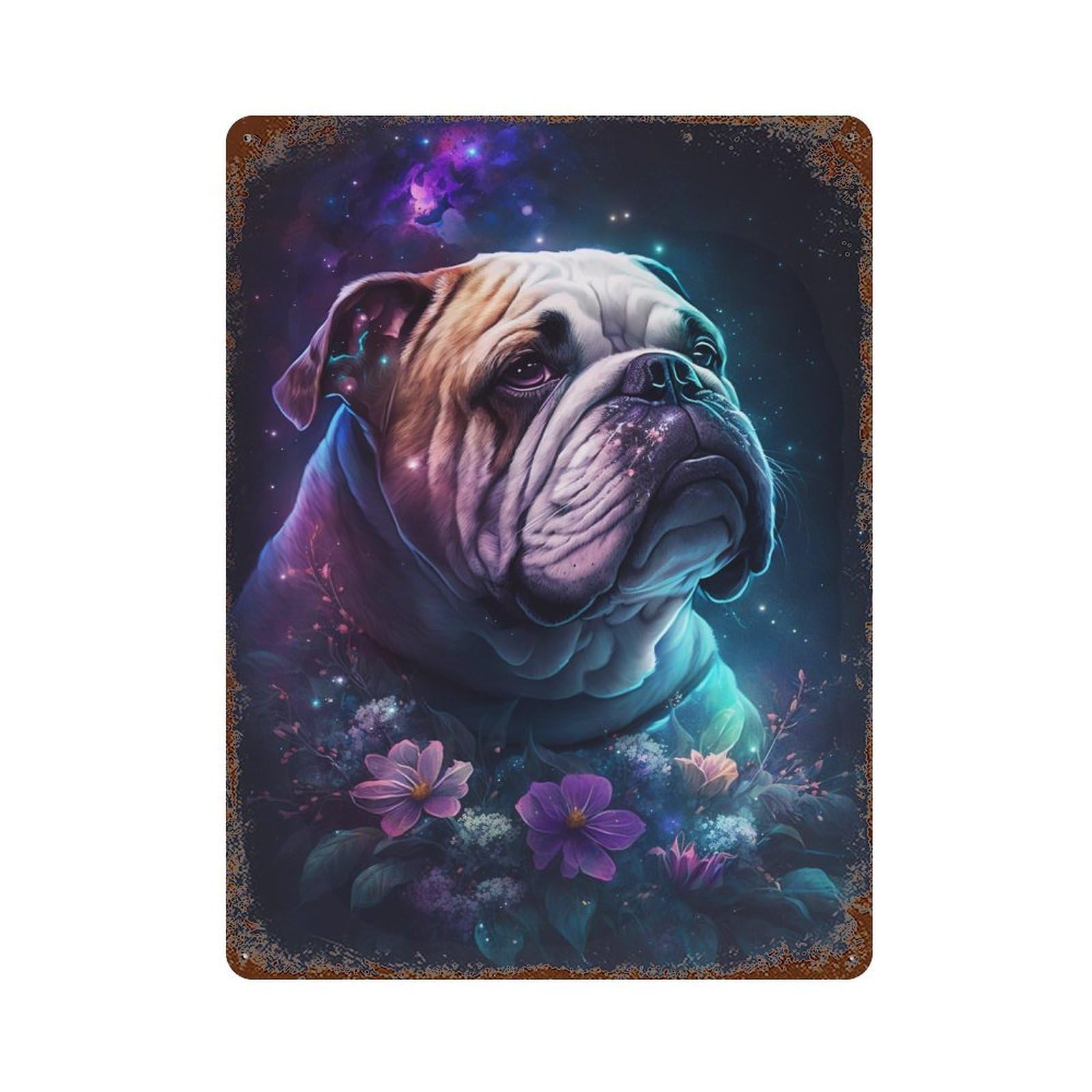 Space Bulldog with Flowers -4 15.7"x11.8" Aged Metal Wall Plaque, Novelty Wall Decor for Shed, Workshop And Garage Wall Decor