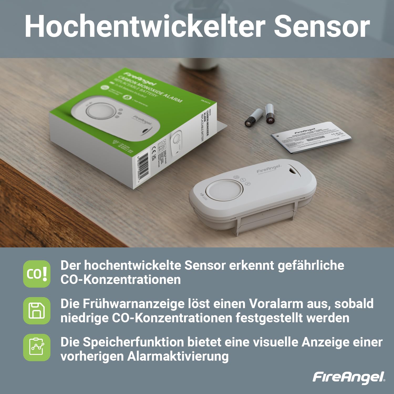 Fire Angel Kohlenmonoxidmelder und Alarm - FA3313 Sensor mit 10 Jahren Lebensdauer - CO Melder für Zuhause - Austauschbare Batterie, 1 Jahr Laufzeit - Reise CO Warner und -Monitor - Weiß