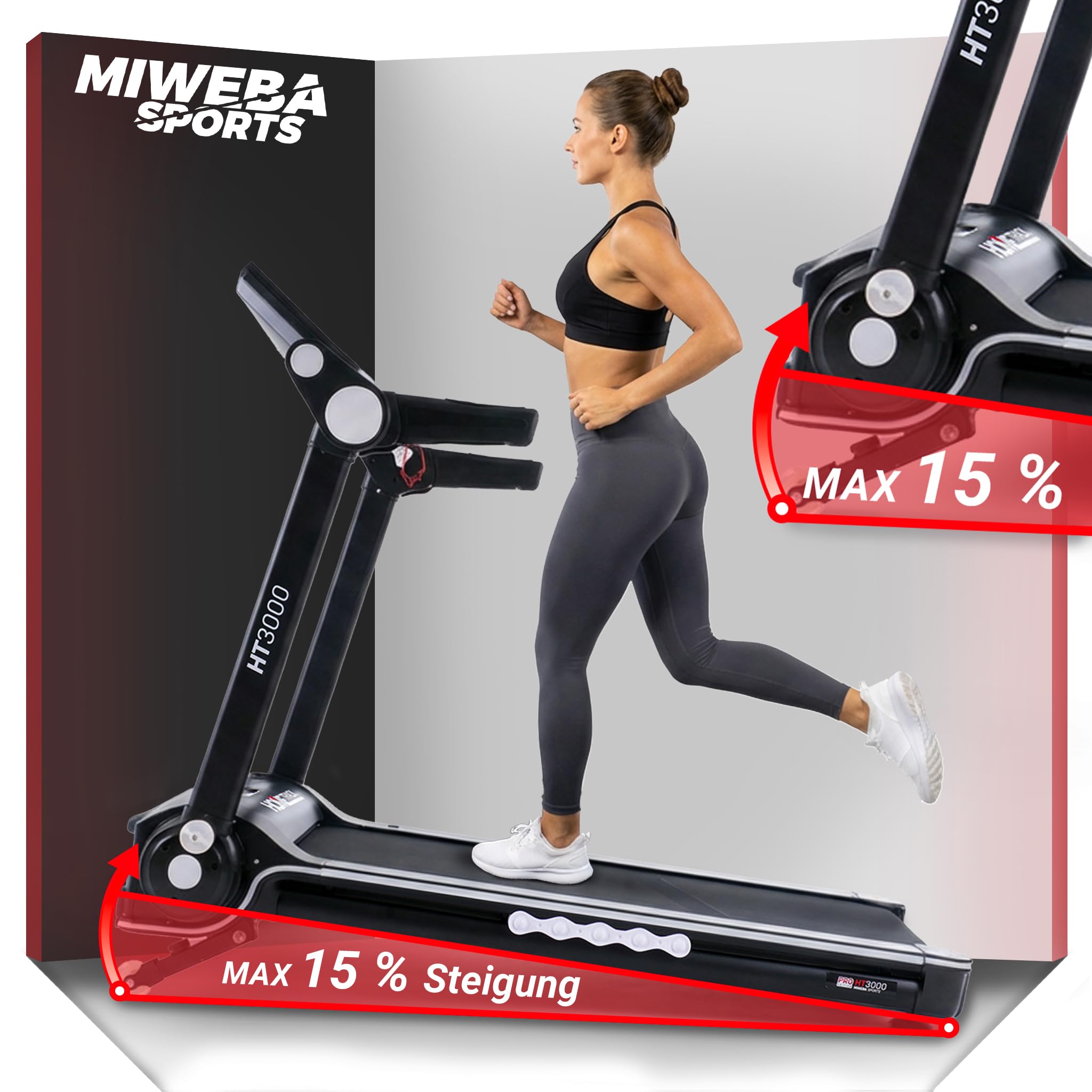 Miweba Sports elektrisches Laufband HT3000 | 3,5 PS - 16 Km/h - Incline bis 15% - Traglast 120 Kg - App - Klappbar - Große Lauffläche - 12 Laufprogramme - Elektro-Laufband - Fitnessgeräte für Zuhause