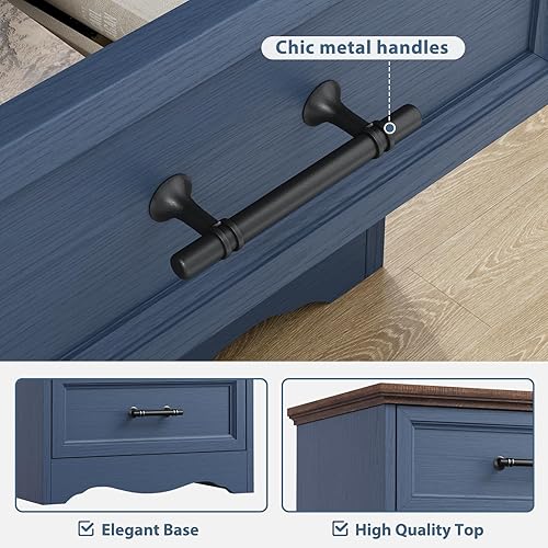 Miniatura 6 de Mesita de noche azul con estación de carga, mesa auxiliar de granja de 19.7 pulgadas con 3 cajones de almacenamiento, mesita de noche de madera,