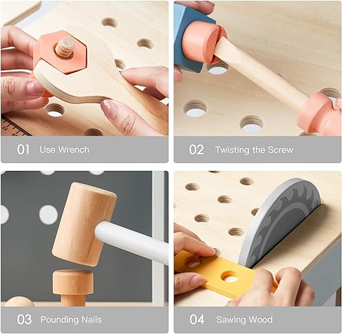 Miniatura 3 de ROBOTIME Banco de herramientas para niños, banco de herramientas de juguete de madera con herramientas realistas y taladro eléctrico, banco de