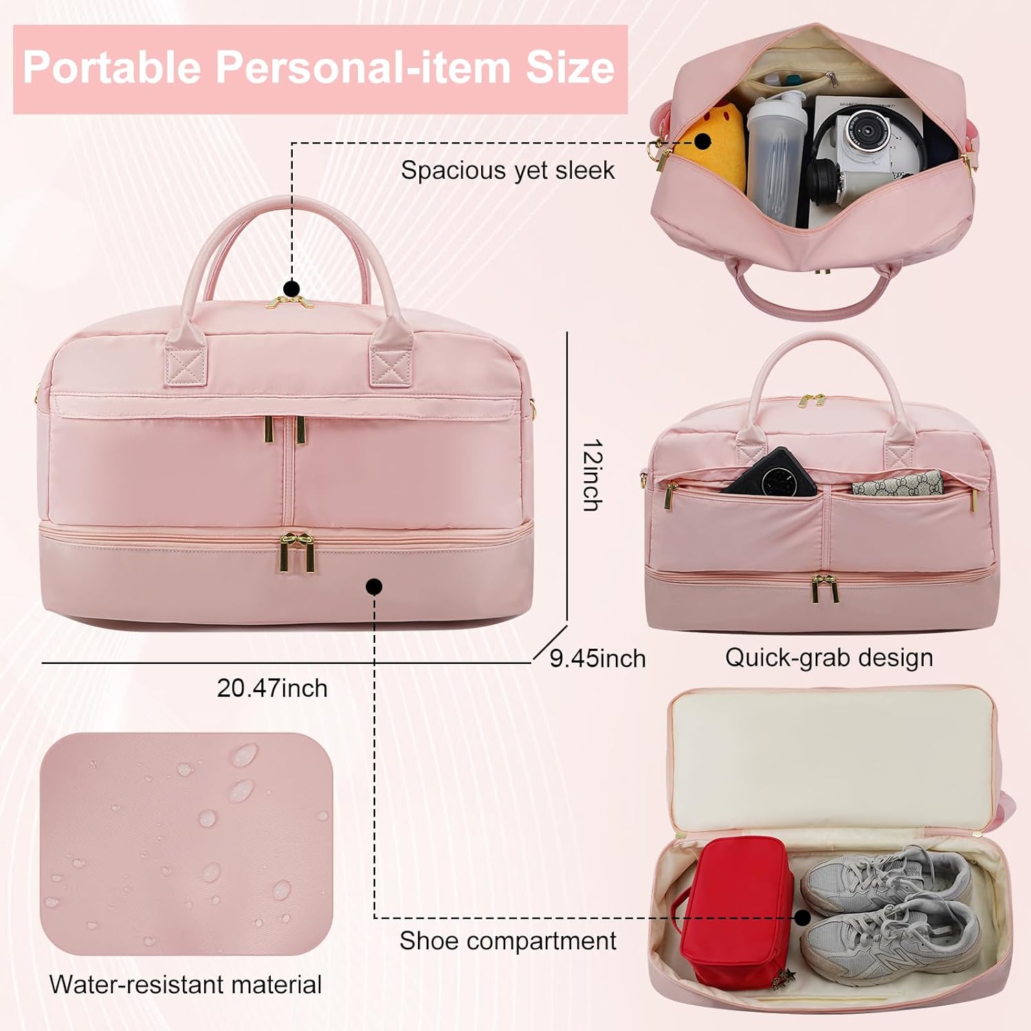 Travel Duffle Bag for Women, Weekender Bag with Shoe Compartment, Carry-On Personal Item, Nylon Gym Tote with Trolley Sleeve, Detachable Adjustable Shoulder Strap, Overnight Travel Tote Bag (Pink) - Image 3