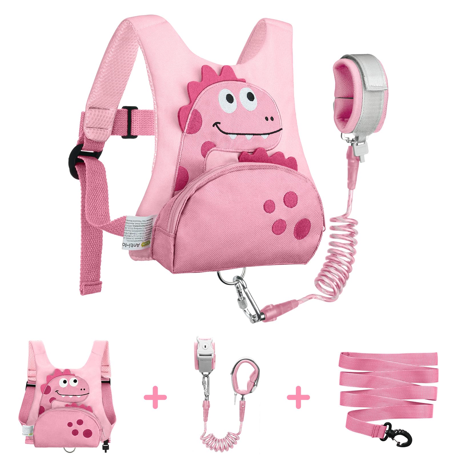 Dr.meter Laisse pour Enfant, 3 en 1 Sac à Dos Anti-Perte avec Laisse Rotative à 360° de 1,2M Rose Dinosaure Mignon avec Serrure, Equipement de Sécurité pour L'extérieur