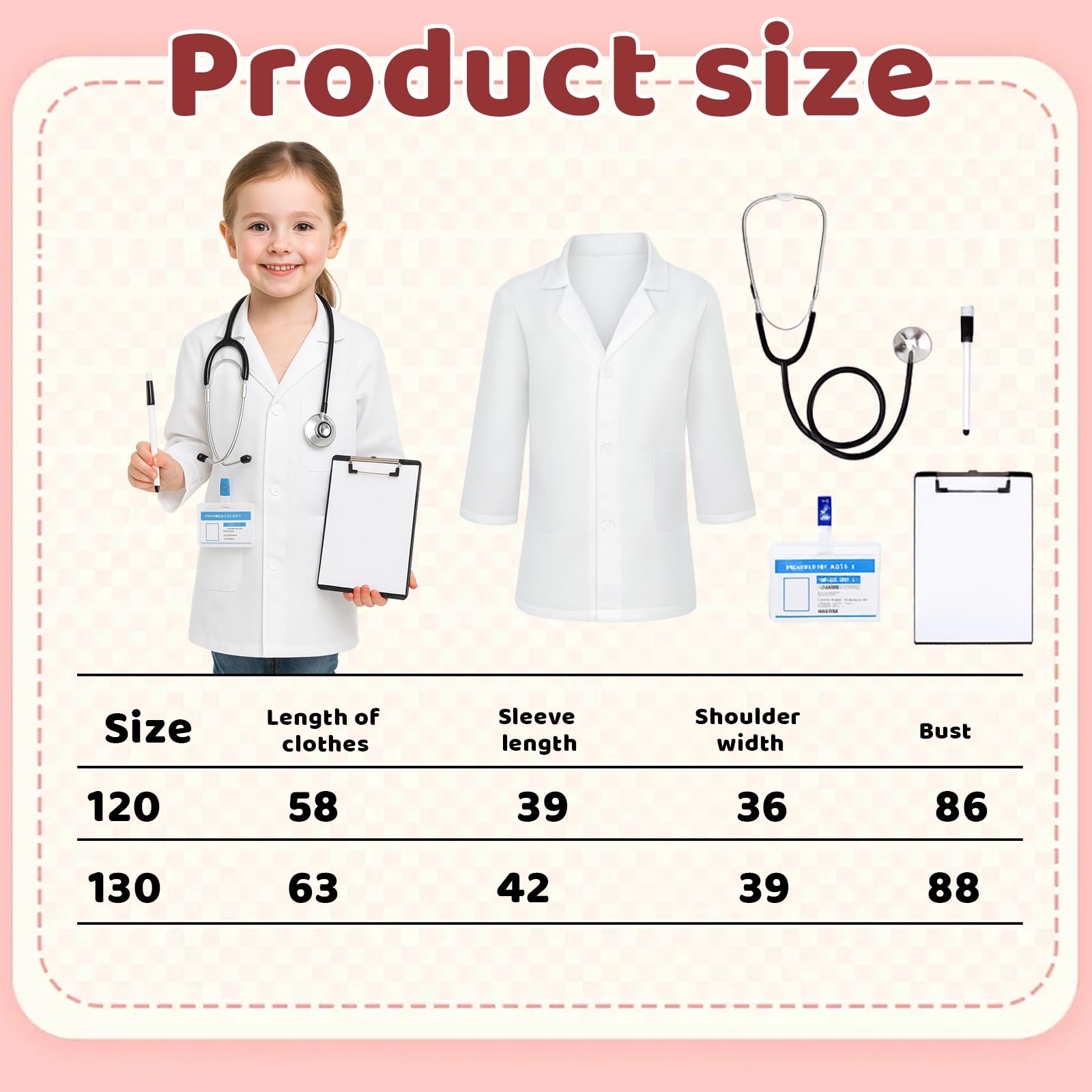 Doctor Set, 9 Pcs Include Pink 4 Piece Set, White Coat, Stethoscope, Hanging Sign, A5 Writing Board, Pen - Image 2