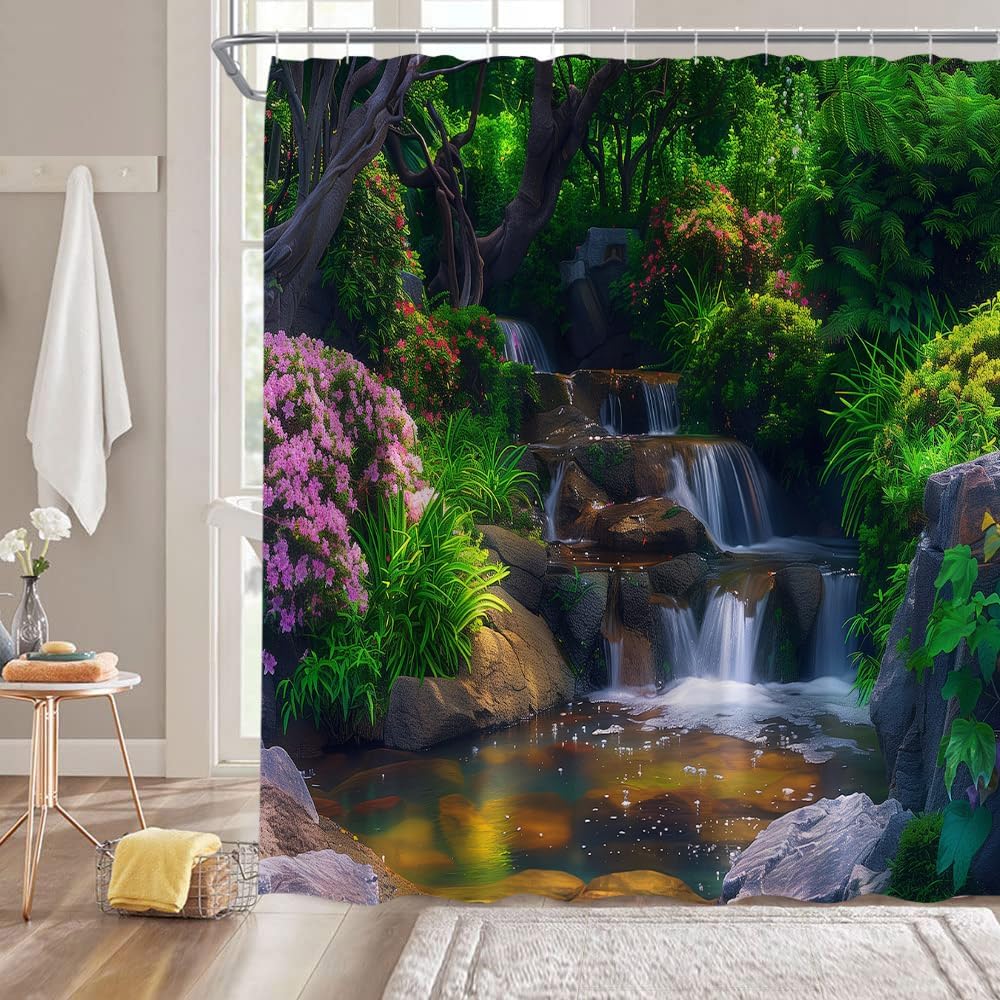 Nature Garden Shower Curtain Waterfall Colorful Floral Tropical Plant Jungle Rainforest Natural Scenery Landscape Fabric Bathroom Decor Curtain with Hooks