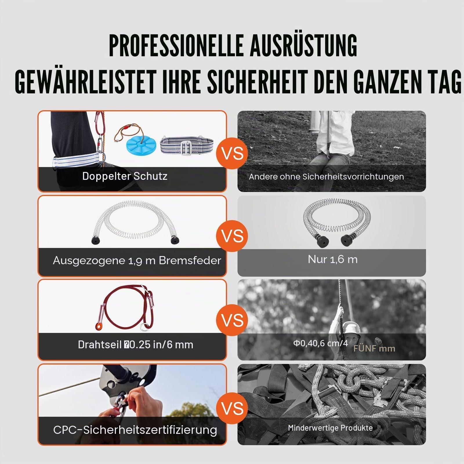 VEVOR Zipline Seilrutsche 30,48 m Seilbahn Kit bis 150 kg mit Federbremssystem für Garten
