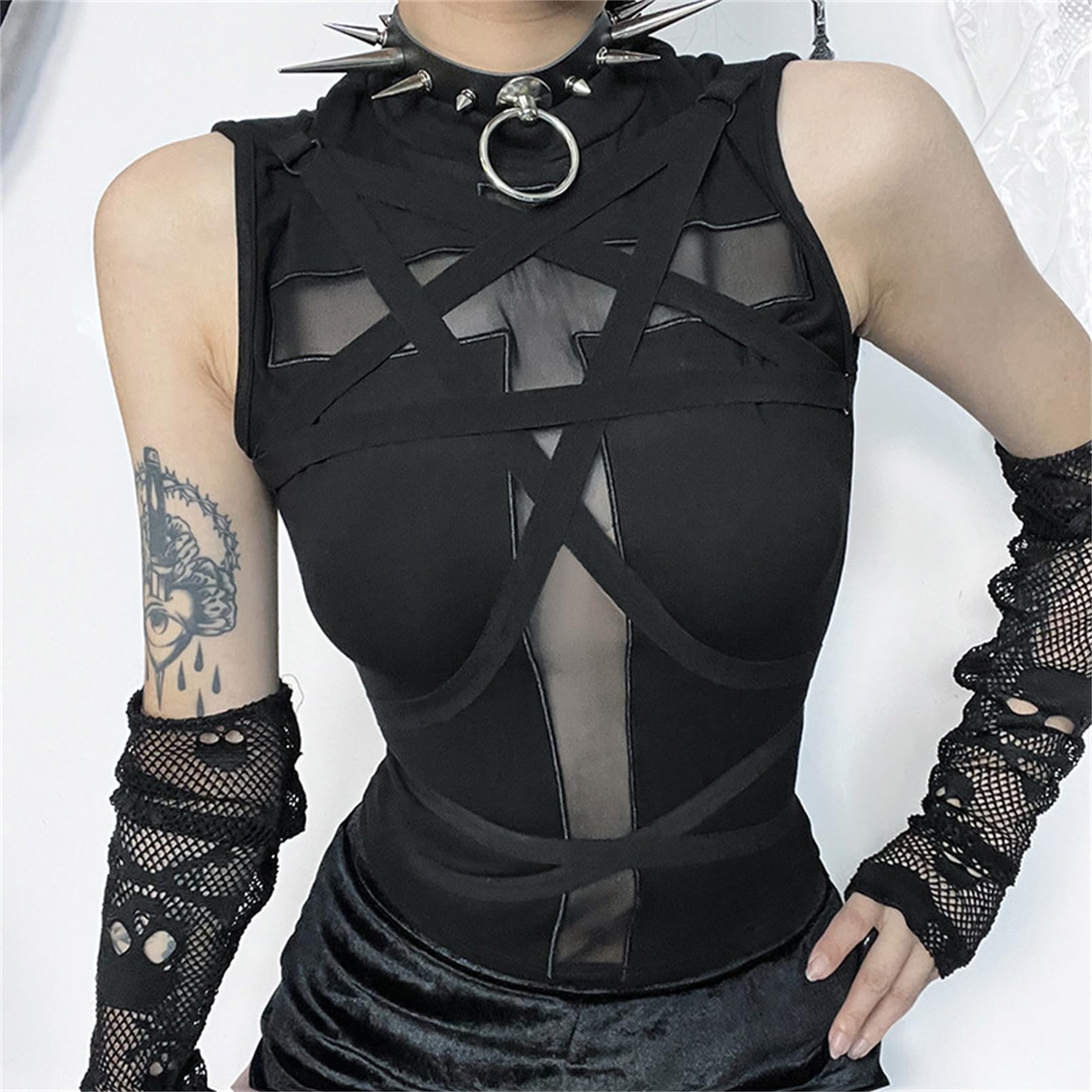 Women Gothic Crop Tank Top Y2k Shirt Cropped T-Shirts Halloween Costume: Black 2 Small