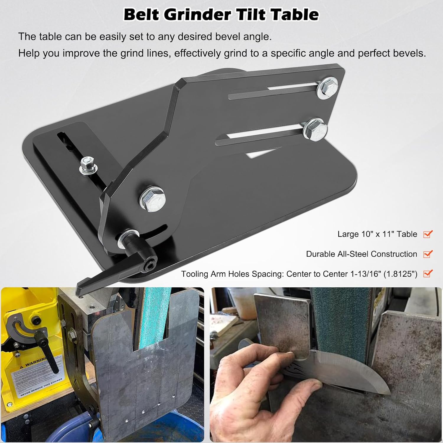 Belt Grinder Tilt Table Compatible with OBM and Most Other Popular 2" x 72" Knife Belt Grinders, Works with Flat Platen to Grind Bevels or Contact Wheels to Grind Hollow Bevels