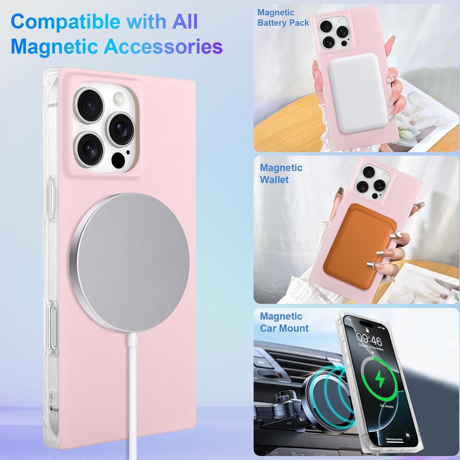 Rectangle Case for iPhone 16 Pro Max Case for Women Girls Boys [Compatible with Magsafe] Cute Candy Color Design, Kawaii Aesthetic Girly Magnetic Protective Phone Cover, Light Pink