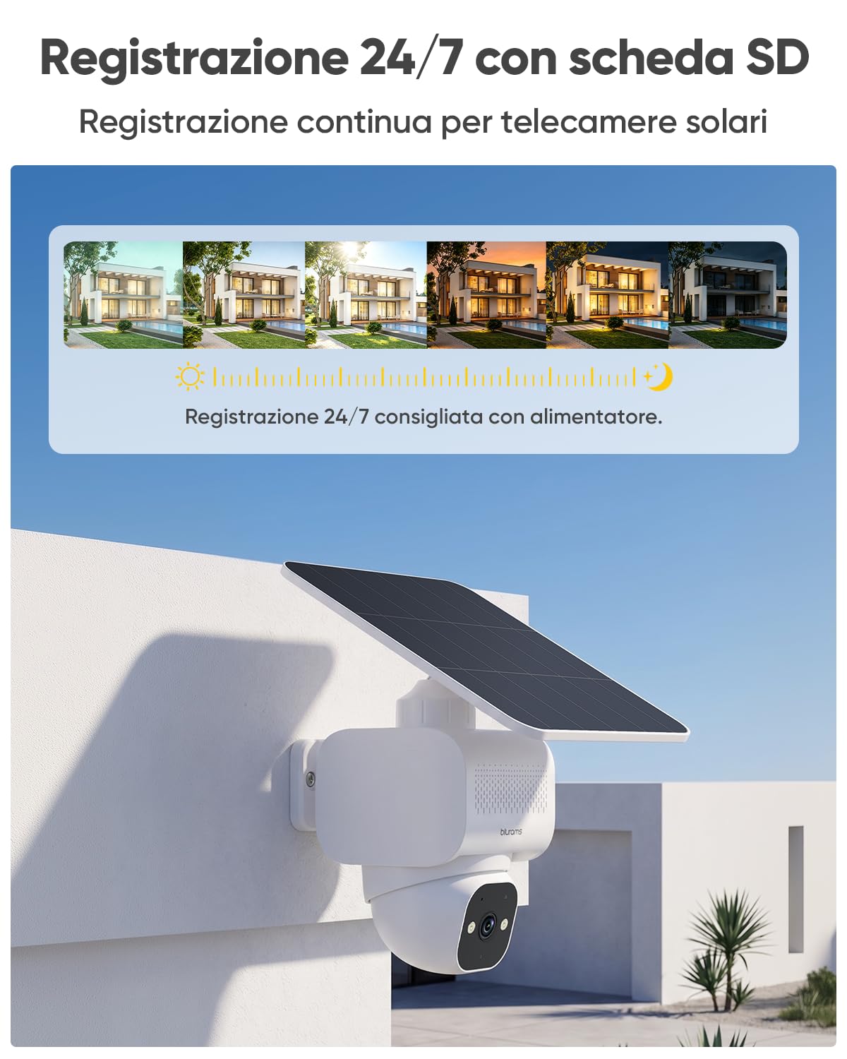 blurams 4K Telecamera WiFi Esterno Senza Fili Solare h24 | 8MP, Batteria 12000mAh con pannello 5W, Registrazione 24/7, Wi-Fi 6 Dual-band 2,4 GHz & 5 GHz, 360 gradi, IP66 Impermeabile