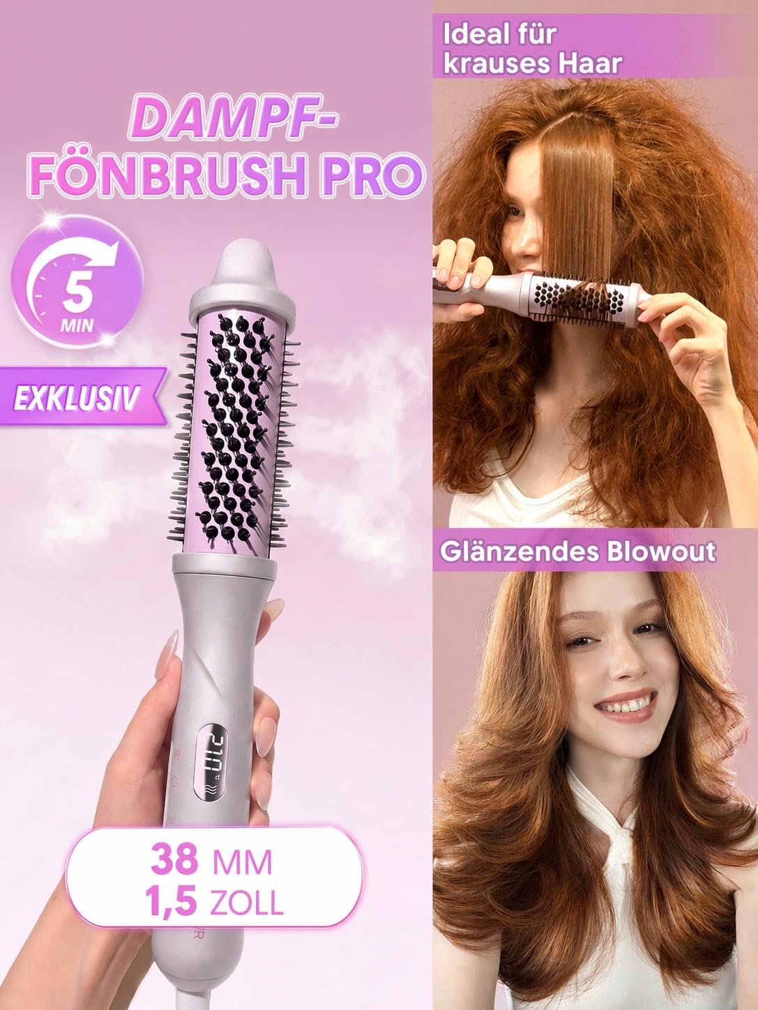 SHEGLAM Dampf-Thermobürste, 4-in-1 Rundbürste 38 mm | 3 Dampfstufen, Nano-Dampf Anti-Scald, schnelles Heizen, weniger Schäden, Anti-Frizz, Dual Voltage, Volumen, langer Halt