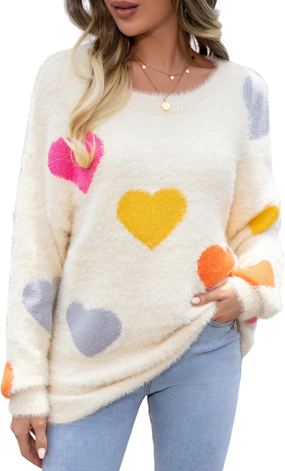 Wyeysyt Valentine Heart Sweater for Women Knit Pullover Sweaters Long Sleeve Crew Neck Casual Kawaii Sweaters