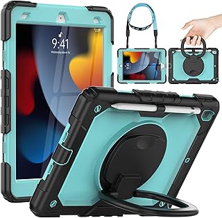 Timecity iPad 9th/ 8th/ 7th Generation Case 10.2 Inch 2021/2020/ 2019, Full-Body Shockproof Protective Case with Screen Protector, 360° Rotating Stand, Shoulder Strap and Pen Holder, Light Blue