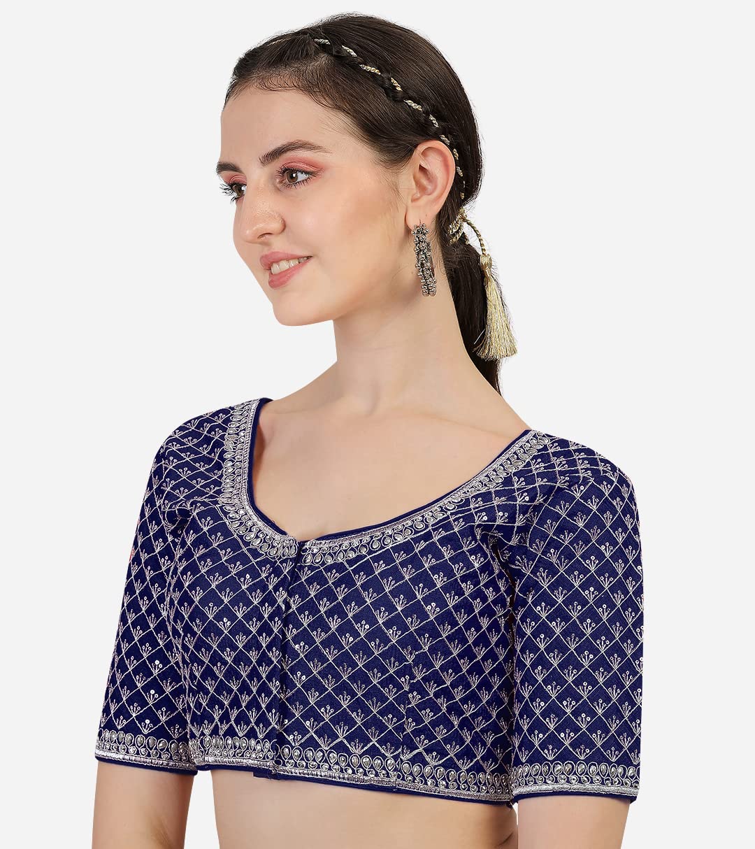 Vihu Fashion Women's Silk Solid Half Sleeve Regular Vf Silver Line Blouse Navy Blue 38