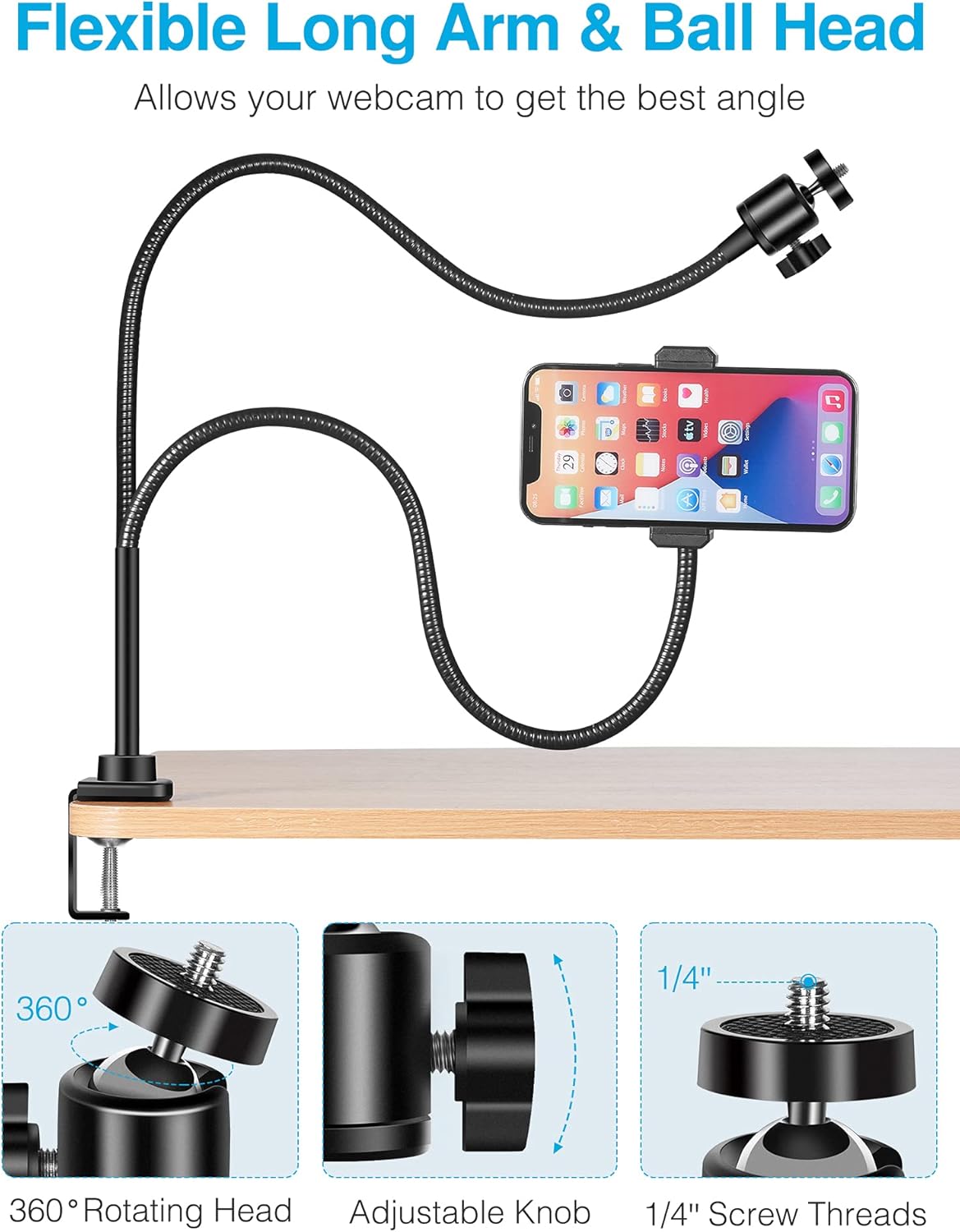 Puroma 25 Inch Upgraded Webcam Stand with Flexible Gooseneck with Jaws Clamp Clip Desk Mount Holder, 360 Degree Rotation for Logitech Webcam C925e C922x C922 C930e C930 C920 C615 : Electronics